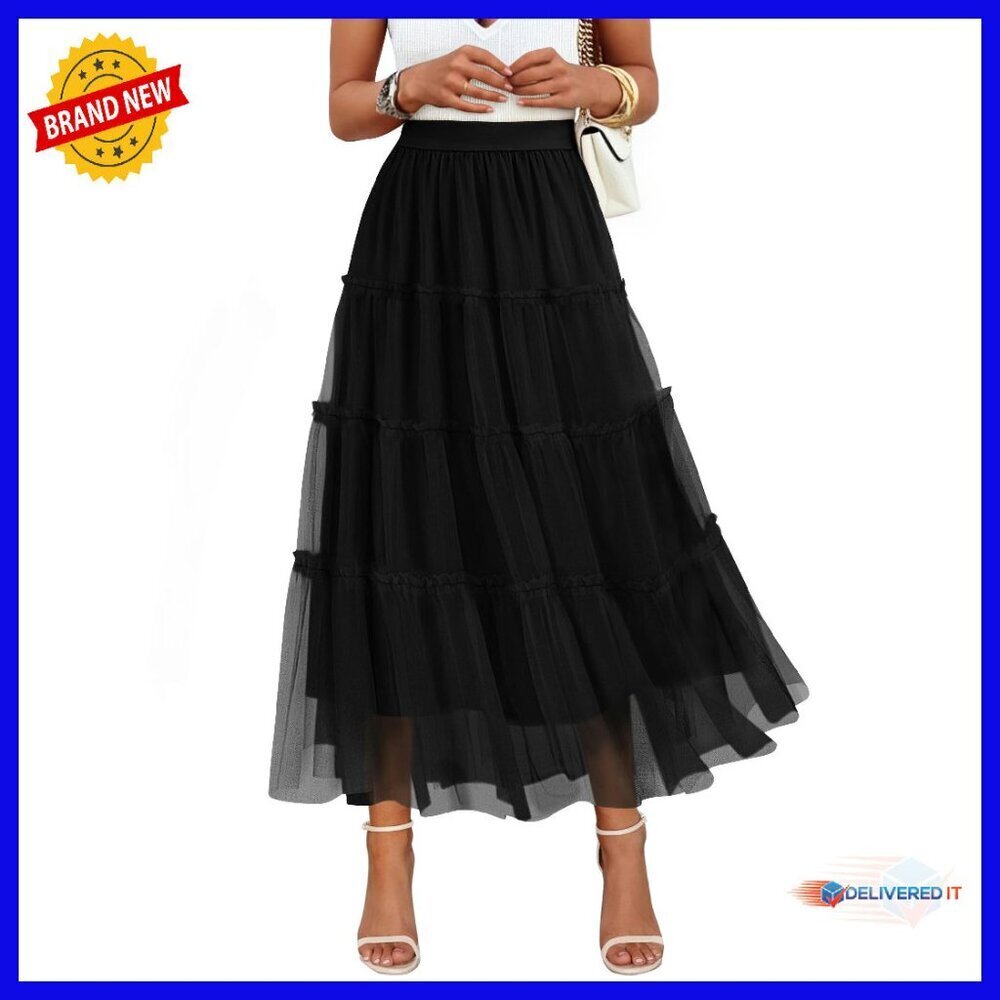 Tulle Maxi Skirt A-Line Flowy Ruffle Tiered Elastic High Waist Midi